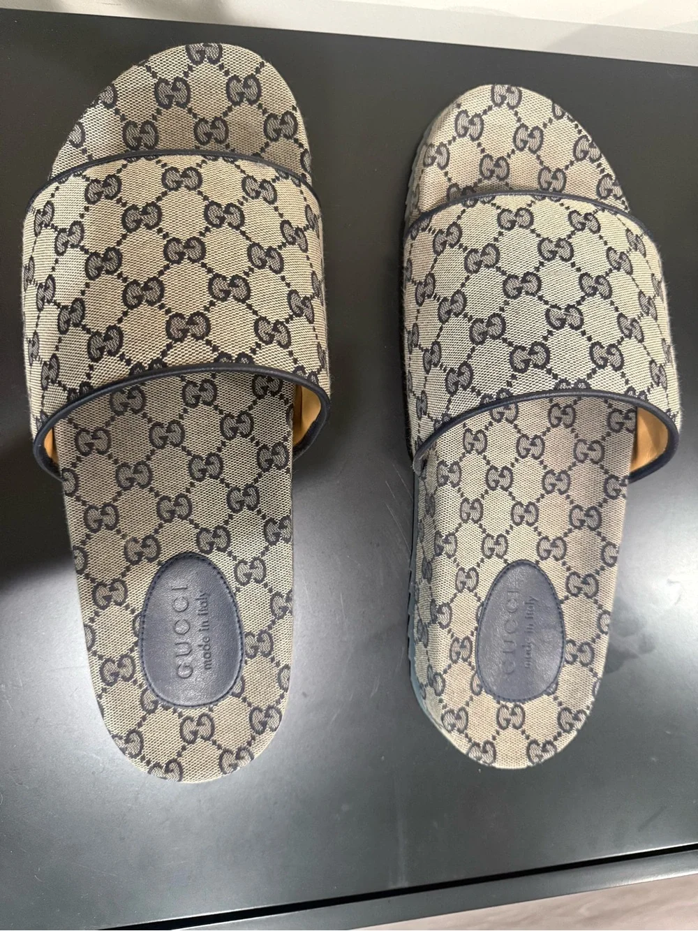 Gucci Beige and Brown GG Canvas Slide Sandals